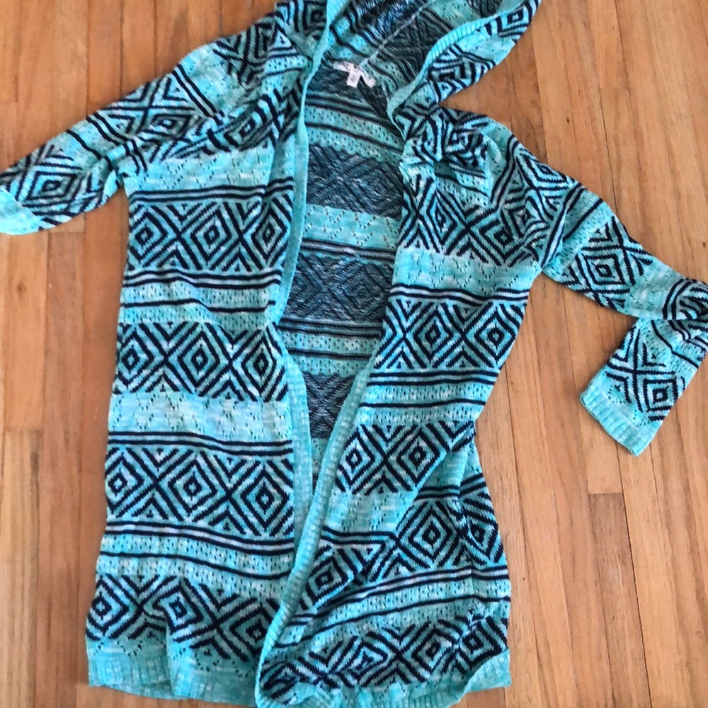 Hooded teal, white and blue cardigan